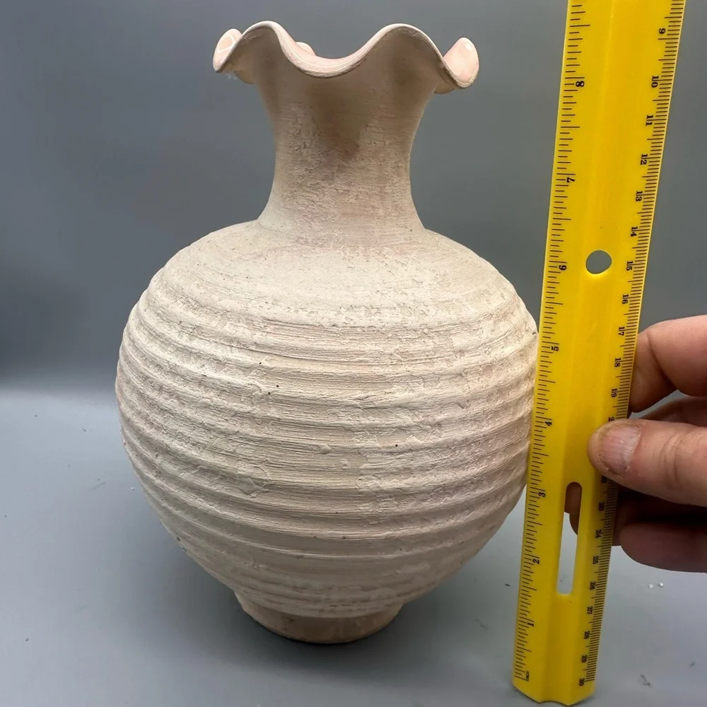 Haeger Textured Ruffled Rim Stoneware Vase in Soft Pink